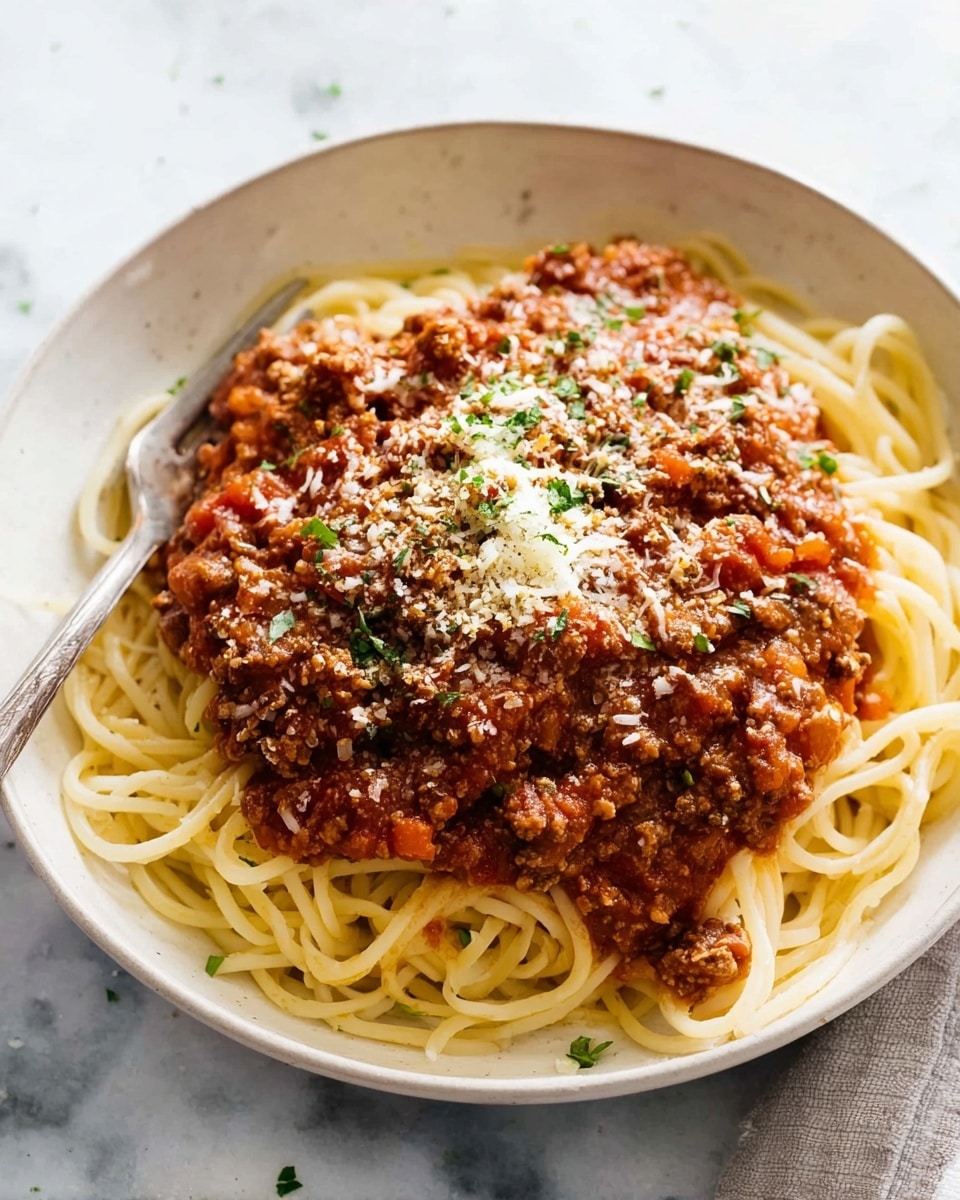 A bowl of spaghetti with thick meat sauce on top, the pasta is light yellow and looks soft, arranged in a loose circular pile at the bottom. The meat sauce is dark red with small chunks of beef and tomato, spread generously over the middle of the pasta. The dish is finished with a sprinkle of grated cheese and small green herb bits scattered on the sauce. A silver fork rests inside the white bowl, which sits on a white marbled surface with a few cheese shavings around. Photo taken with an iphone --ar 4:5 --v 7