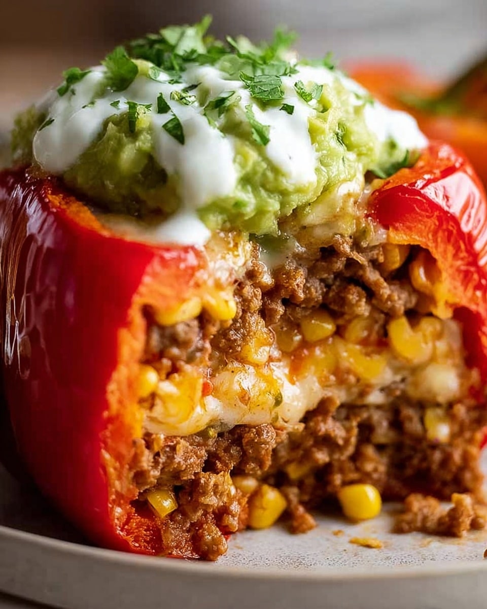 A close-up of a stuffed red bell pepper cut in half, showing three layers inside: the outer bright red pepper skin, the middle layer of cooked ground meat mixed with rice and corn kernels, and melted cheese dispersed within the filling. On top, a thick dollop of green guacamole sits beneath a generous scoop of white sour cream, garnished with small green herb pieces. The stuffed pepper rests on a white plate, with some small pieces of yellow corn and green lime wedges around the base, all set on a white marbled surface. photo taken with an iphone --ar 4:5 --v 7