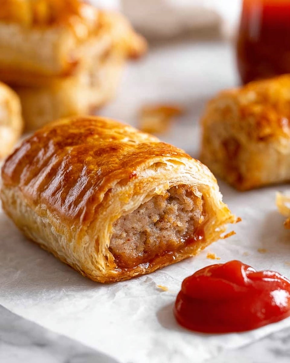 A golden-brown puff pastry roll with a textured, flaky crust sits on white parchment paper over a white marbled surface. The roll is cut, showing a dense, light brown filling with bits of meat inside. Next to it, a bright red dollop of ketchup is spread partially under the roll. In the background, there is another smaller pastry and a glass bottle filled with more ketchup, both slightly out of focus. Photo taken with an iphone --ar 4:5 --v 7