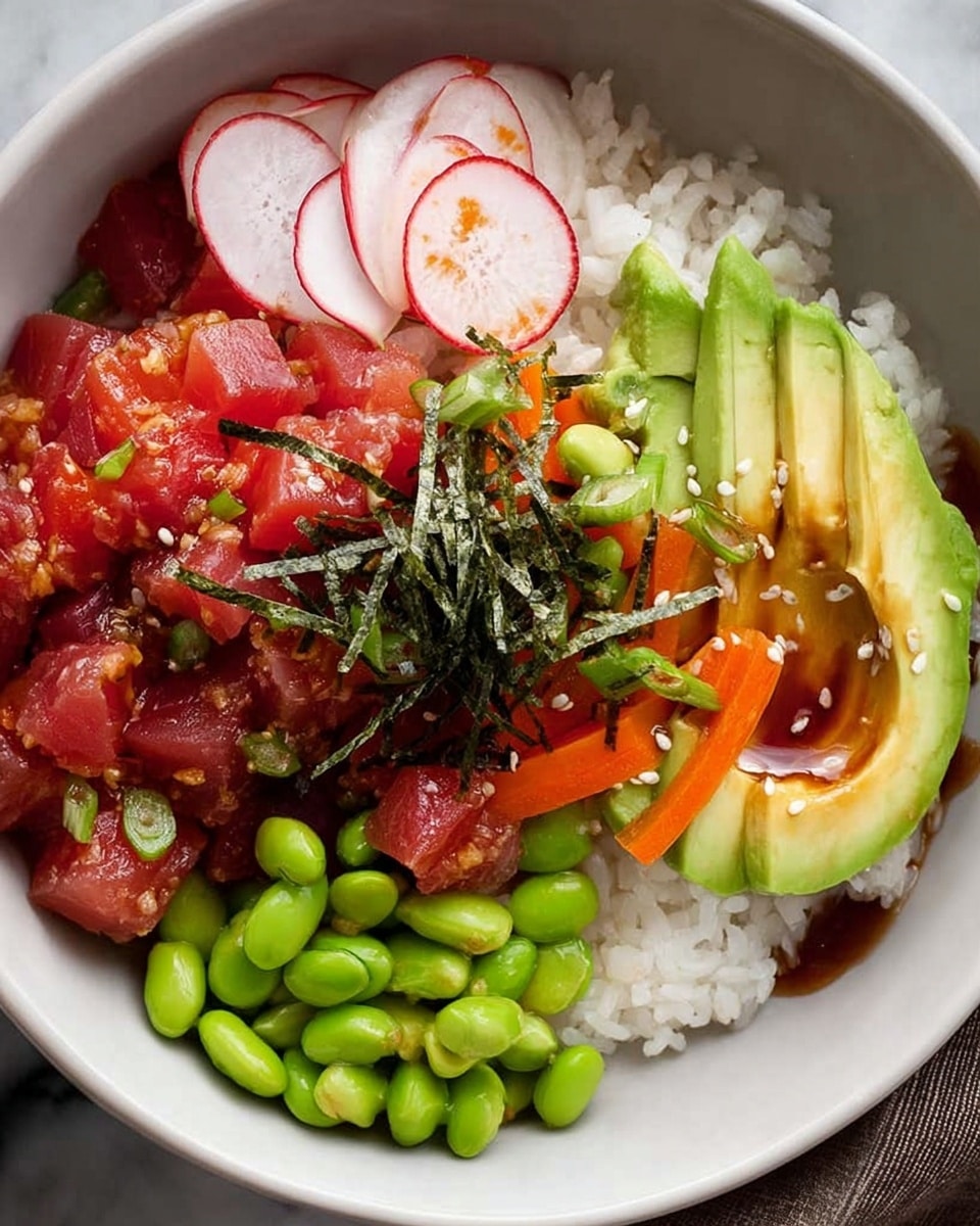 The dish is a bowl with four layers starting from the bottom: a layer of white rice with a sticky texture fills the base, topped with bright red diced fish mixed with small green cucumber cubes and a glossy sauce with bits of chili and sesame seeds. On one side, thin slices of white and pink radish with black sesame seeds layer neatly, next to them are fresh bright green edamame beans with matte texture. Long, thin orange carrot sticks sit next to the edamame. On top, there are thin slices of avocado with a light green smooth texture, and thin green seaweed strands scattered over everything. The bowl is black, placed on a white marbled surface. Photo taken with an iphone --ar 4:5 --v 7
