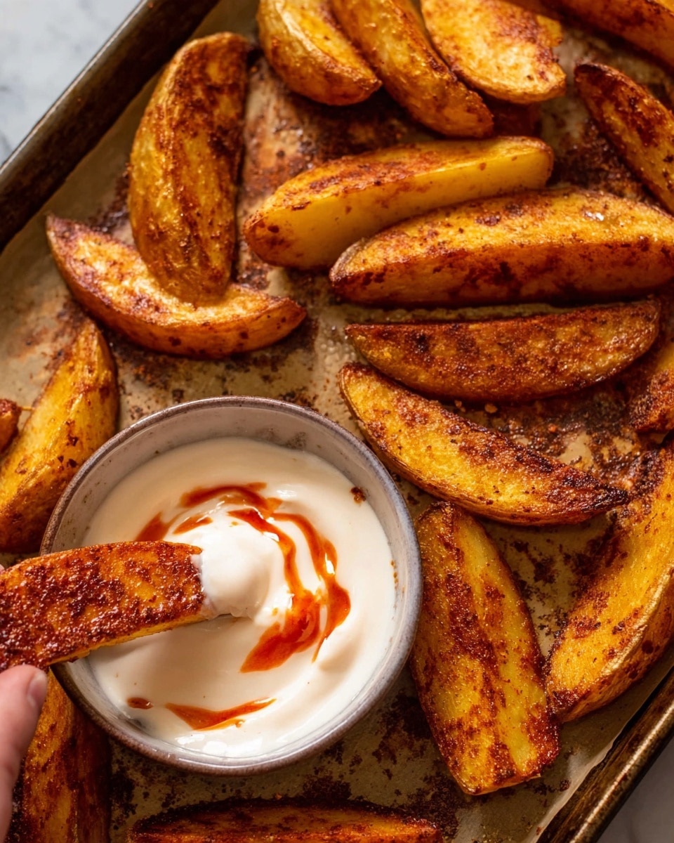 The image shows a close-up of crispy golden-brown potato wedges arranged in rows on a slightly worn baking sheet with dark spots of seasoning and oil. The wedges have a crunchy, textured surface with browned edges and a soft orange interior. On the left side, a small white bowl with a black rim holds thick white dipping sauce swirled with a bright red chili sauce. One potato wedge is dipped halfway into the white sauce, with a visible swirl of red sauce on it. The background is a white marbled texture. photo taken with an iphone --ar 4:5 --v 7