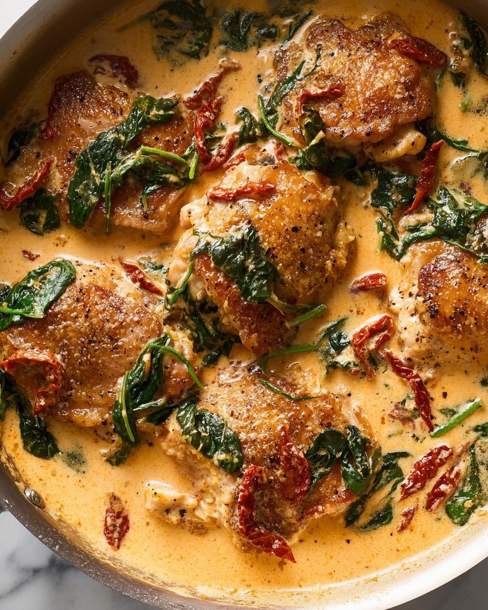This close-up shows several browned chicken thighs cooked in a creamy sauce. The dish has four main layers: the golden-brown crispy chicken on top, creamy light orange sauce that covers the chicken evenly, dark green spinach leaves scattered throughout, and small pieces of sun-dried tomatoes adding a reddish touch floating in the sauce. The sauce looks rich and smooth, surrounding the chicken pieces, which have some black pepper sprinkled on them. The background is a white marbled texture. photo taken with an iphone --ar 4:5 --v 7