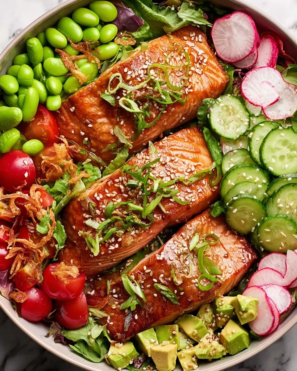 The dish features three golden-brown grilled salmon fillets placed side by side on a white plate, each sprinkled with white sesame seeds and small green herb pieces. Surrounding the salmon are six distinct sections of fresh vegetables: bright green edamame beans at the bottom center, sliced red cherry tomatoes mixed with diced avocado and fried onion bits on the left, thinly sliced cucumber rounds arranged on the right, thin slices of radish next to the cucumbers, and fresh dark green leafy spinach leaves spread around the edges. The textures contrast between the crisp vegetables and the moist, slightly crispy salmon skin. photo taken with an iphone --ar 4:5 --v 7