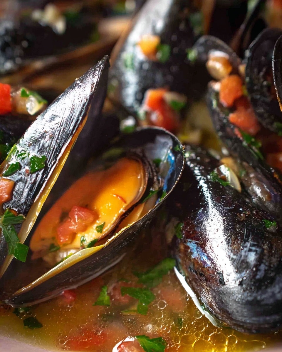 The image shows a close-up of cooked mussels in their black shells. Inside each shell, there is a soft orange mussel meat layer mixed with small pieces of diced tomatoes and green herbs, all sitting in a clear and slightly oily broth with visible herbs and spices. The shells are shiny and smooth with a dark blue-black color, creating a strong contrast with the bright orange meat and the colorful broth. The focus is tight on one opened shell in the center, with other shells and broth softly blurred in the background. The scene has a warm and fresh feel, and the white marbled texture is subtly visible where the broth pools. photo taken with an iphone --ar 4:5 --v 7