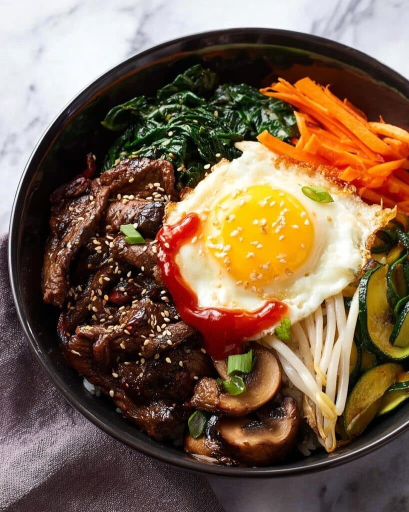 Classic Bibimbap with Marinated Beef and Assorted Vegetables Recipe
