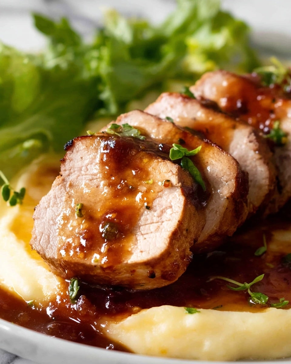 The image shows two thick slices of cooked meat with a caramelized brown outer layer and light pink center, topped with a shiny, reddish-brown sauce with small bits of seasoning. The meat rests on a smooth, light-colored mashed base visible at the bottom right, garnished with small green herbs. In the background, fresh, bright green leafy lettuce adds color contrast. The whole arrangement is placed on a white plate sitting on a white marbled surface. The photo is taken very close to show the meat's texture and sauce details clearly. photo taken with an iphone --ar 4:5 --v 7