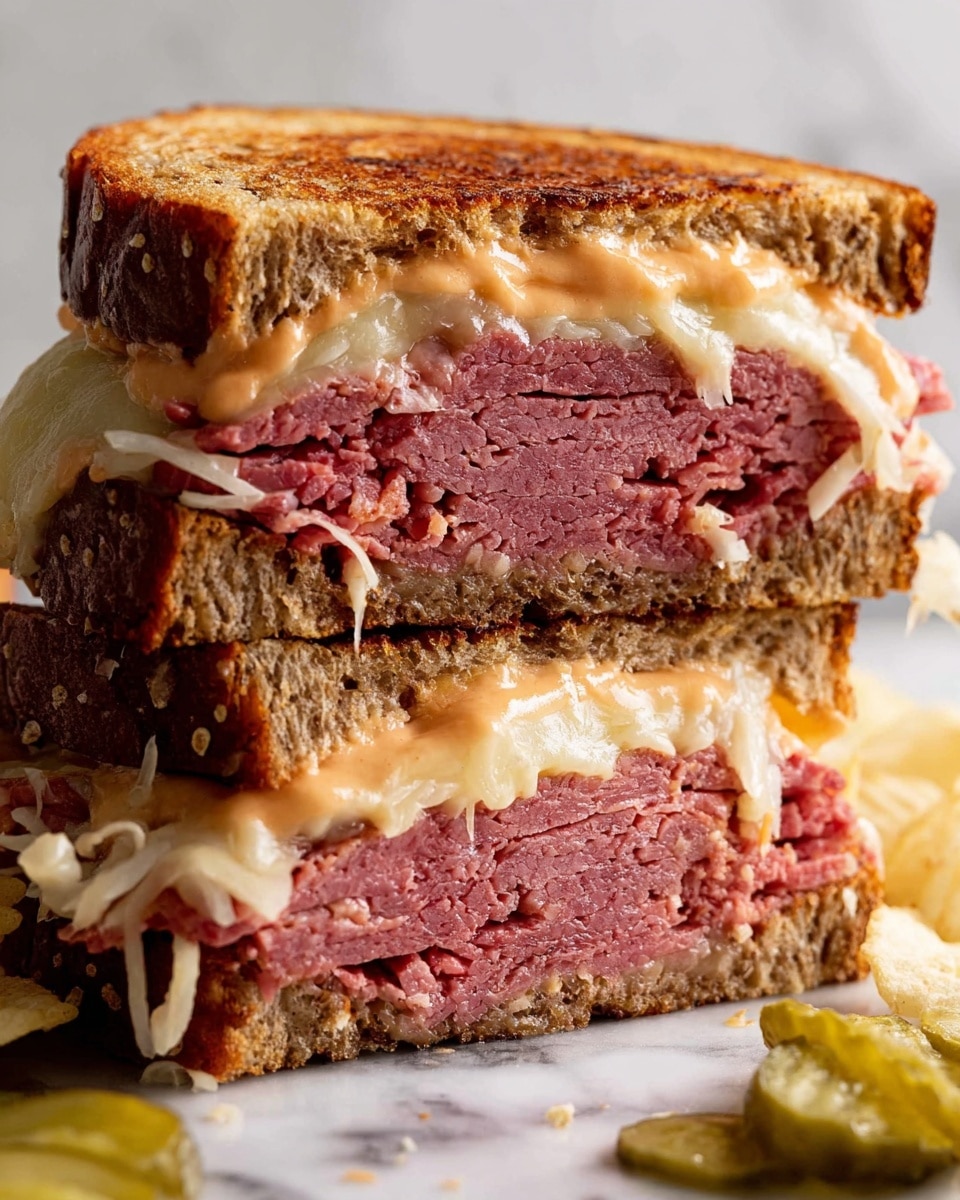 A close-up image shows a thick sandwich cut in half and stacked, with two toasted brown bread slices on top and bottom, each side golden and crisp. Between the bread layers, there is a large amount of shredded pinkish-red meat layered thickly, with strands of white, soft sauerkraut scattered through the sandwich. A light orange, creamy sauce oozes from the sides near the top, mixing slightly with melted cheese beneath it. The sandwich sits on a white marbled surface, and in the blurry foreground, a few ridged potato chips and small green pickles are visible. Photo taken with an iphone --ar 4:5 --v 7