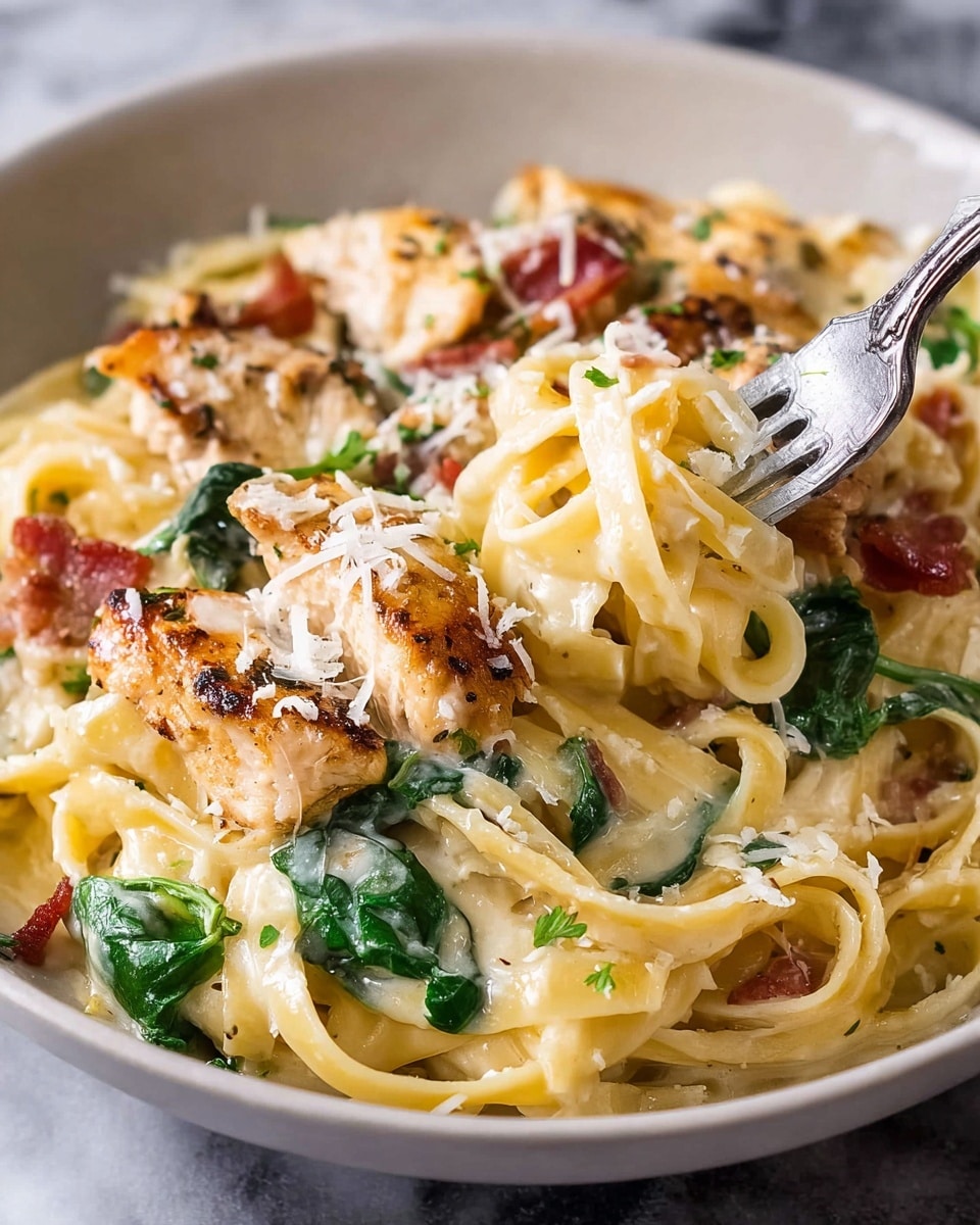 A close-up of creamy fettuccine pasta served in a white bowl on a white marbled surface. The dish has three main visible layers: a base layer of long pale yellow fettuccine noodles, a middle layer with grilled chicken slices browning slightly on the edges, and spinach leaves adding green color. On top, mixed throughout, are crispy bacon pieces and finely grated white cheese scattered all over. A silver fork is partially stuck in the pasta, holding some noodles and chicken. Photo taken with an iphone --ar 4:5 --v 7