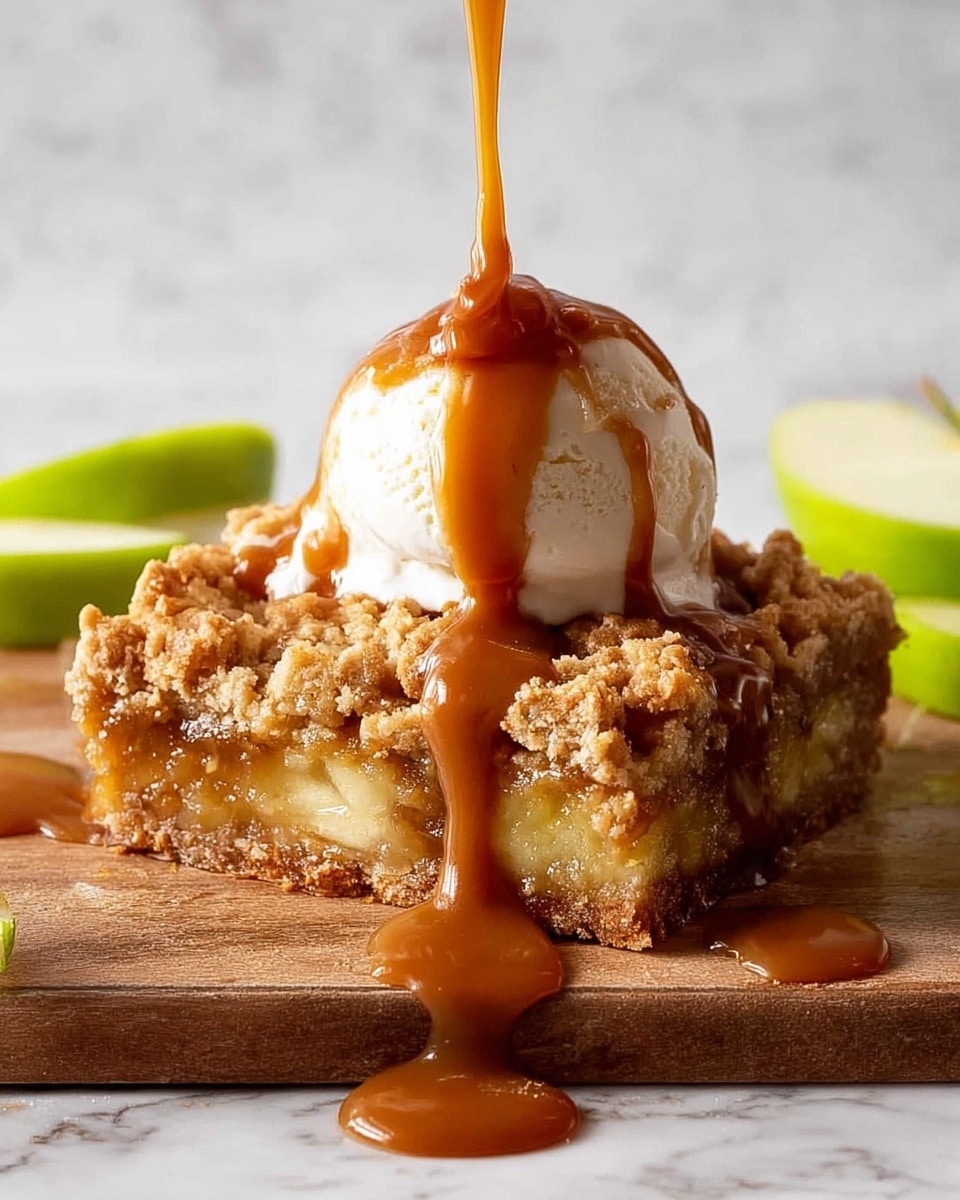 A square slice of crumbly apple crumble bar with a golden-brown crust at the bottom, a soft, juicy apple filling in the middle, and a crunchy oat topping layer with a light brown color. On top of the crumble bar is a round scoop of creamy white vanilla ice cream, with thick caramel sauce being poured over it, dripping down the sides onto the crumble and wooden surface below. Two slices of green apple are placed to the side, partially visible, resting on a white marbled surface. photo taken with an iphone --ar 4:5 --v 7