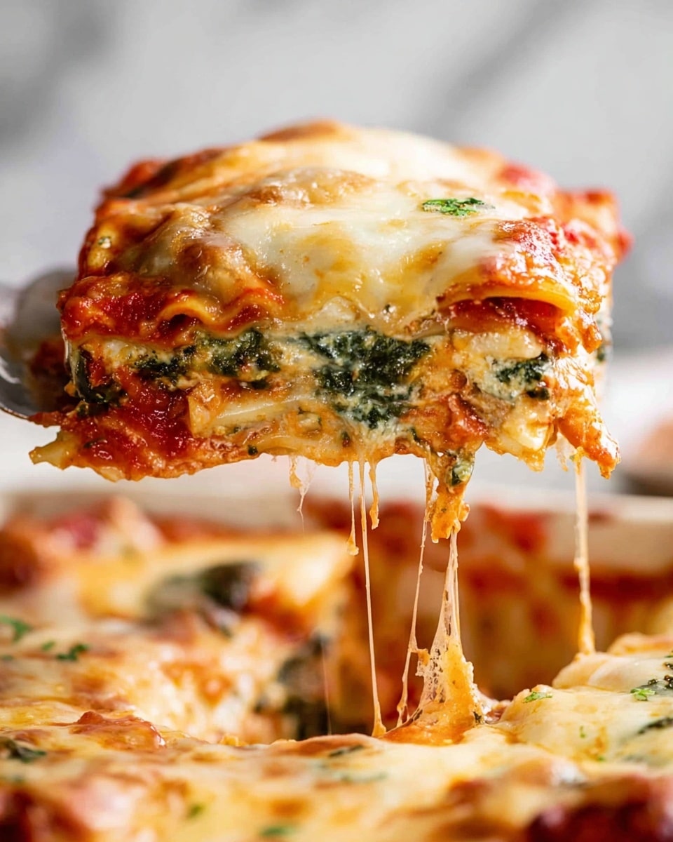 A close-up of a square piece of lasagna being lifted, showing four distinct layers: the top layer is golden melted cheese with a slightly browned texture, beneath that is a creamy white layer with green spinach bits, the next layer is a rich red tomato sauce with visible chunks, and the bottom layer is another melted cheese layer that stretches as it lifts. The lasagna piece is held by a fork above a white marbled background, with more cheesy lasagna visible lying flat below. photo taken with an iphone --ar 4:5 --v 7