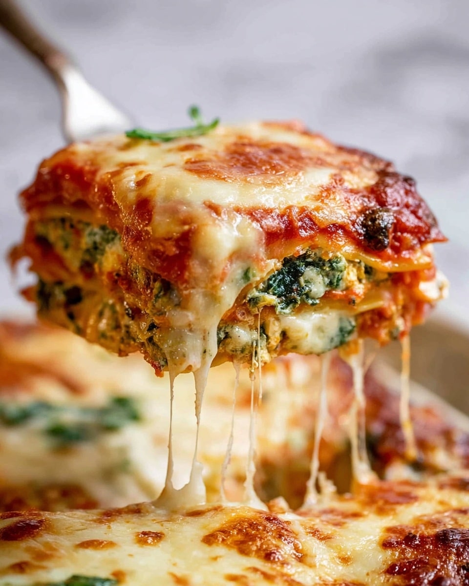A close-up image of a square slice of lasagna being lifted with a metal spatula, showcasing four distinct layers: the top layer is a golden, melted cheese with a slightly browned and bubbly texture; underneath is a creamy white layer mixed with green herbs, likely spinach and ricotta cheese; below that is a rich red tomato sauce layer combined with chunks of vegetables and herbs; the bottom layer is a pasta sheet slightly soaked with sauce. Melted cheese strings stretch from the piece to the pan below, which is filled with similar cheesy lasagna squares on a white marbled surface. photo taken with an iphone --ar 4:5 --v 7