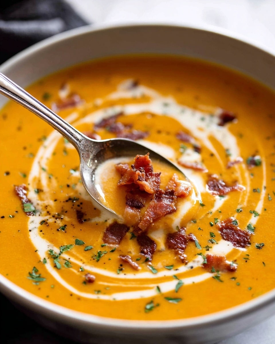 The image shows a close-up of creamy orange soup served in a white bowl with a black rim. On top, there is a swirl of white cream creating a delicate pattern across the smooth soup surface. Small pieces of crispy brown bacon are scattered near the center, adding texture and color. Finely chopped green herbs are lightly sprinkled over the soup, enhancing the visual appeal. A silver spoon is partially dipped into the soup on the right side, holding some of the soup along with a piece of bacon. The whole scene is set on a white marbled surface. Photo taken with an iphone --ar 4:5 --v 7