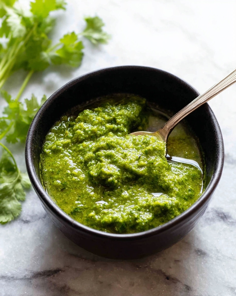 A close-up of a small black bowl filled with a thick, vibrant green sauce or paste with a slightly coarse texture, sitting on a white marbled surface. A silver spoon rests inside the bowl, partly submerged in the sauce on the right side. Fresh green herb leaves are faintly visible out of focus in the background, adding a fresh touch to the scene. Photo taken with an iphone --ar 4:5 --v 7