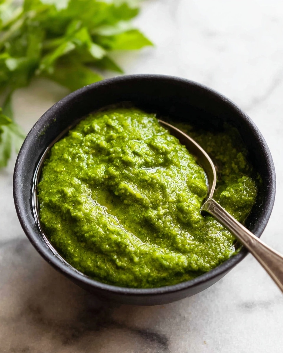 A small black bowl filled with a thick, chunky green sauce that has a textured look, not smooth but slightly rough with small lumps. The green mixture appears moist and fresh, sitting in the bowl with some liquid pooling around the edges. A silver spoon rests inside the bowl on the right side, partly dipping into the sauce. In the background, there are a few pieces of fresh green cilantro on a white marbled surface. Photo taken with an iphone --ar 4:5 --v 7