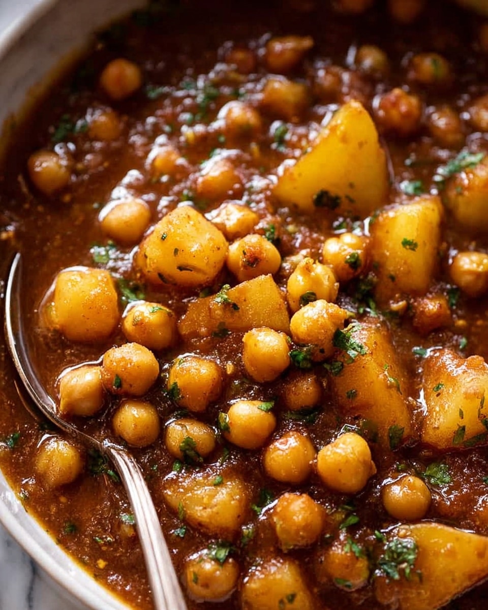 The image shows a thick stew filled with round, light beige chickpeas and medium-sized chunks of yellow potatoes. The stew has a rich, deep brown sauce with visible specks of green herbs scattered throughout. The texture of the sauce appears smooth and glossy, coating the chickpeas and potatoes evenly. A silver spoon is partially visible on the right side, resting just below the stew’s surface. The background is a white marbled texture. photo taken with an iphone --ar 4:5 --v 7