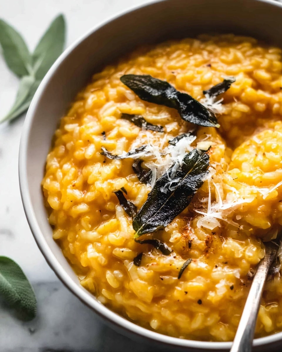 A close-up of a black bowl filled with thick, creamy orange-yellow risotto showing soft, plump grains. The risotto has a shiny, slightly oily surface and is topped with dark green crispy sage leaves and some finely grated white cheese. A silver spoon rests on the right side, partially submerged in the risotto. The bowl sits on a white marbled surface, with a few green leaves blurred in the background. photo taken with an iphone --ar 4:5 --v 7