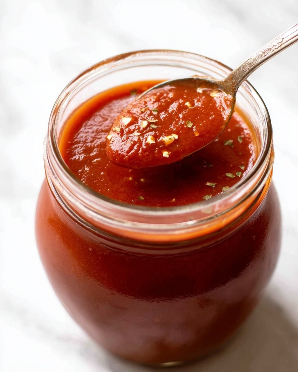 A close-up view of a glass jar filled with thick, smooth red tomato sauce with a slightly textured surface. On top of the sauce, small flakes of herbs are sprinkled, adding a touch of light green and brown. A silver spoon dips into the sauce near the edge of the jar, coated with the rich red sauce. The jar is placed on a white marbled surface. photo taken with an iphone --ar 4:5 --v 7