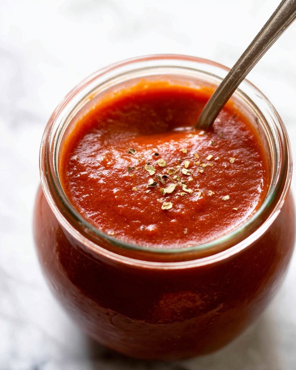 A clear glass jar is filled with thick, smooth red tomato sauce with visible small herb flakes sprinkled on the surface. A silver spoon dips into the sauce, lifting a portion that shows the sauce’s slightly coarse texture. The jar rests on a white marbled surface, and the bright lighting highlights the glossy, rich color of the sauce inside the jar. Photo taken with an iphone --ar 4:5 --v 7