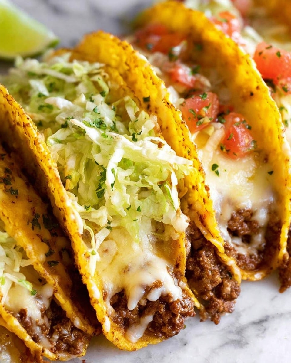 The image shows four tacos arranged side by side on a white marbled surface. The first two tacos closest to the bottom are filled with a mix of melted cheese and cooked ground beef, with the cheese bubbling and slightly browned, and sprinkled lightly with chopped green herbs. The third taco from the bottom is filled similarly with melted cheese and beef, slightly visible beneath the taco shell. The top taco is filled with fresh shredded lettuce, bright red chopped tomatoes, and small bits of green herbs, with a few crispy fries peeking out from the top layer. Each taco shell is a warm golden yellow color with a slightly crispy texture. Photo taken with an iphone --ar 4:5 --v 7