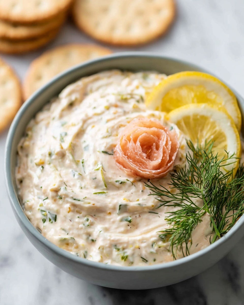 A close-up view of a creamy, light pink dip with green herb specks swirled in a white bowl, topped with a thin slice of bright yellow lemon, a delicate pink curl of smoked salmon, and small sprigs of fresh green dill. The bowl sits on a white marbled surface, surrounded by light brown round crackers, some slightly blurred in the background. Photo taken with an iphone --ar 4:5 --v 7
