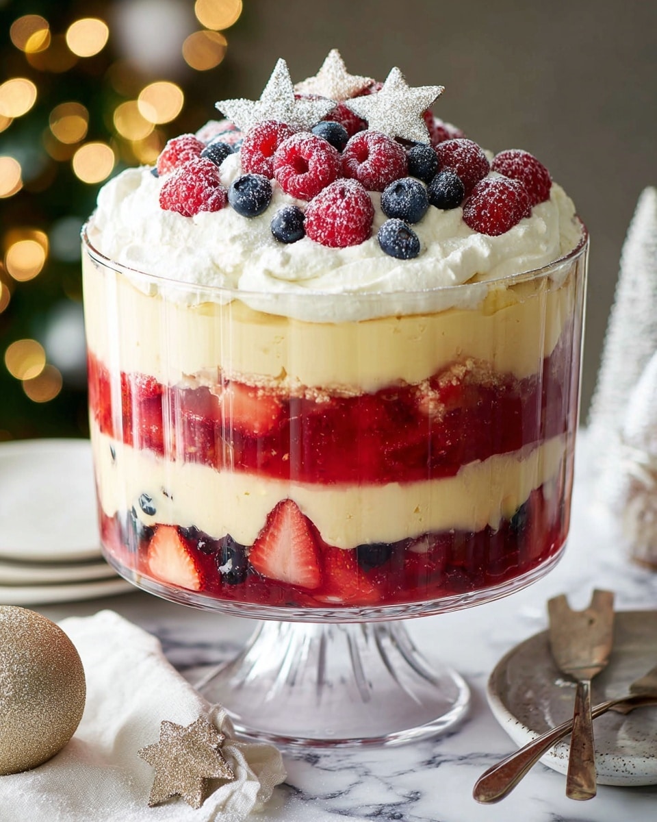 A tall glass trifle bowl on a white marbled surface holds a layered dessert with five main layers. The bottom layer is a deep red jelly with chunks of sponge cake visible inside. Above it is a smooth, light cream layer, followed by another thick red jelly layer with visible strawberry slices. The next layer is fluffy white whipped cream, topped generously with fresh berries including whole blueberries, raspberries, and halved strawberries, dusted lightly with powdered sugar. The background shows softly blurred holiday decorations with a stack of white plates and a white cloth nearby. Photo taken with an iphone --ar 4:5 --v 7