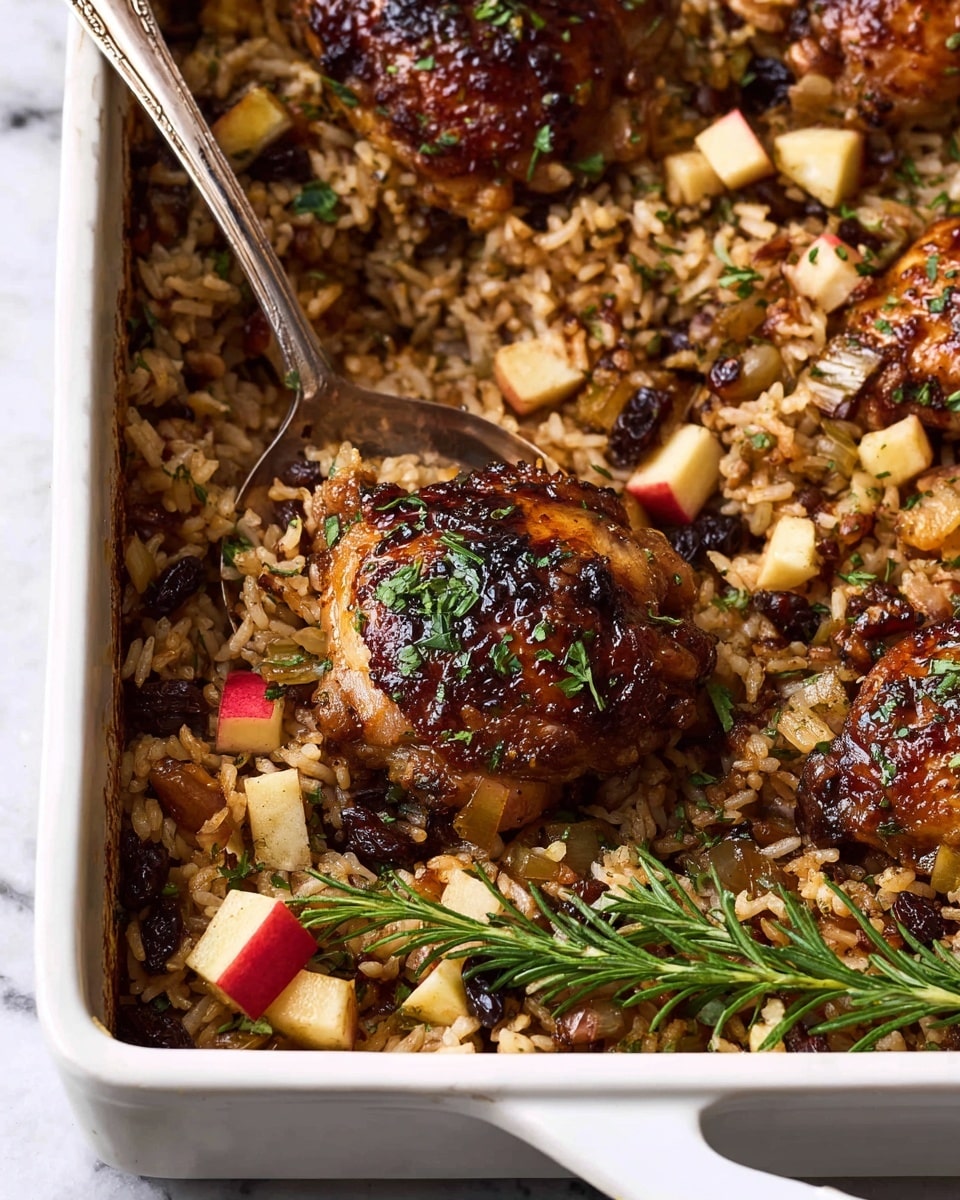 The image shows a white enamel baking dish filled with cooked rice mixed with small pieces of red-skinned apple, nuts, and herbs, forming a textured, slightly browned base layer. On top, there are two pieces of dark golden brown roasted chicken thighs with a shiny, slightly charred surface, sprinkled with fresh green chopped herbs. A metal spoon holds one chicken piece, lifting it slightly above the rice. In the bottom right corner, a small bunch of fresh green rosemary adds a natural touch. The white marbled background adds a clean contrast to the warm tones of the dish. Photo taken with an iphone --ar 4:5 --v 7