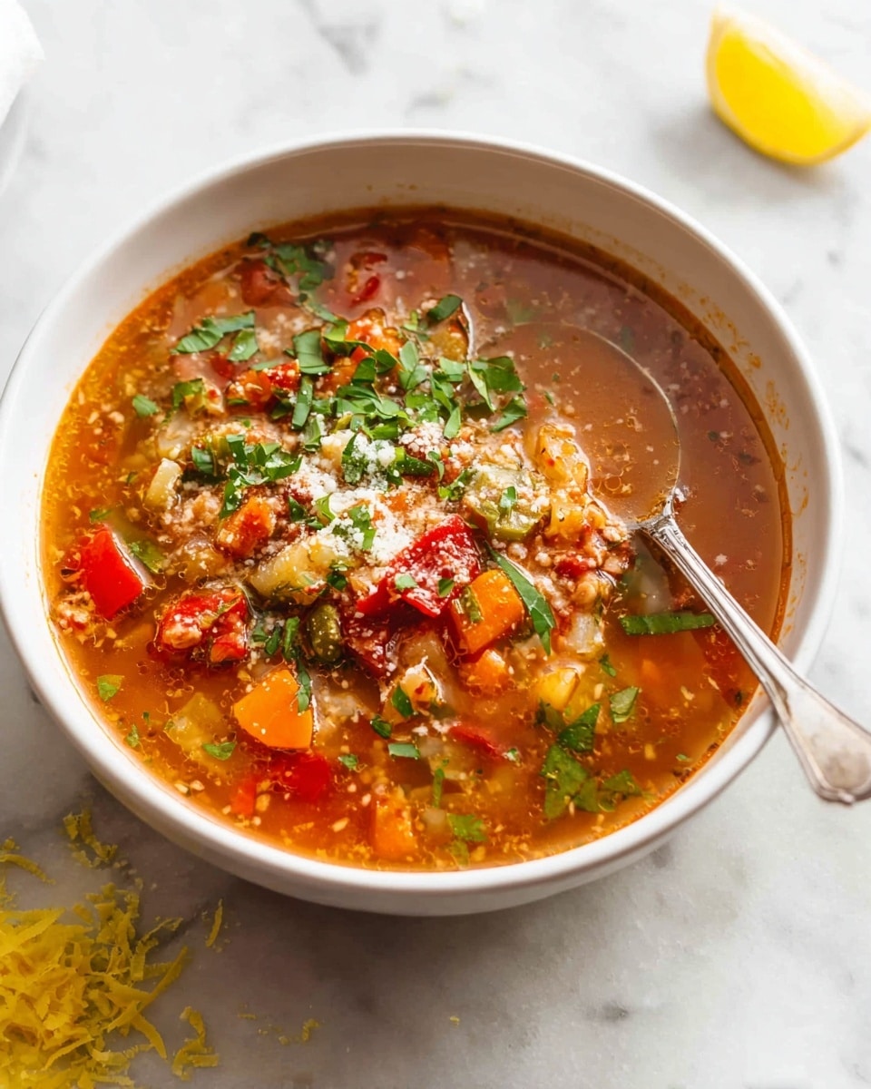 A white bowl filled with a tomato-based soup containing visible red bell pepper pieces, sliced carrots, and bits of cabbage or similar leafy vegetable, all sitting in a rich, slightly oily red broth, topped with finely chopped green herbs. A spoon rests inside the bowl on the right side, and a small piece of lemon with some lemon zest is placed on the white marbled surface next to the bowl. The background features a white marbled texture, giving a clean and fresh look. photo taken with an iphone --ar 4:5 --v 7