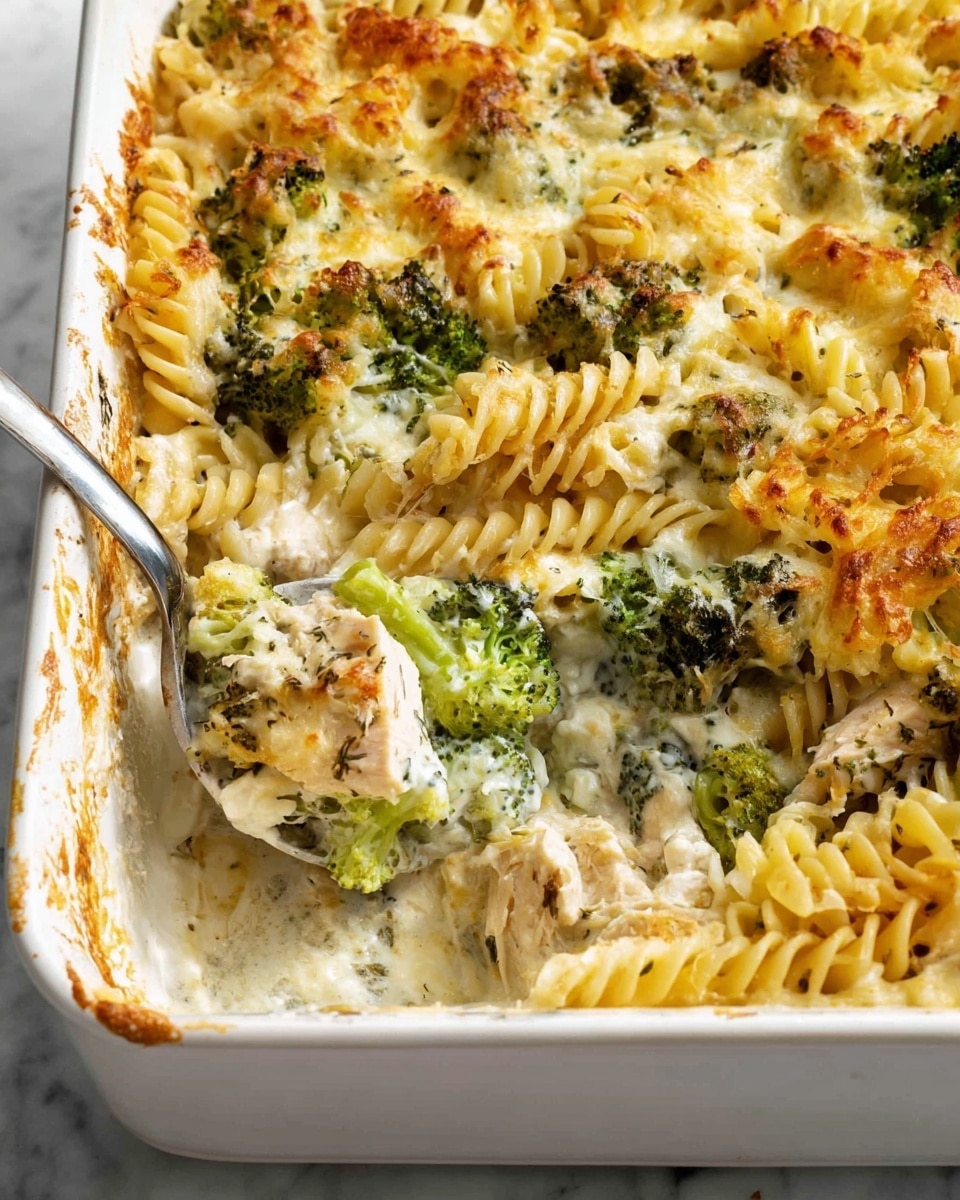 The dish is a baked pasta casserole in a white rectangular baking dish, filled with three main layers. The bottom layer is made of twisted rotini pasta cooked to a soft texture with some pieces slightly browned at the edges. The middle layer contains bright green broccoli florets that are tender and slightly roasted. The top layer has creamy melted cheese that is golden brown and bubbly in spots, covering the pasta and broccoli unevenly. A metal spoon is scooping a portion from the corner, showing the creamy sauce binding all ingredients together. The dish is placed on a white marbled surface. photo taken with an iphone --ar 4:5 --v 7