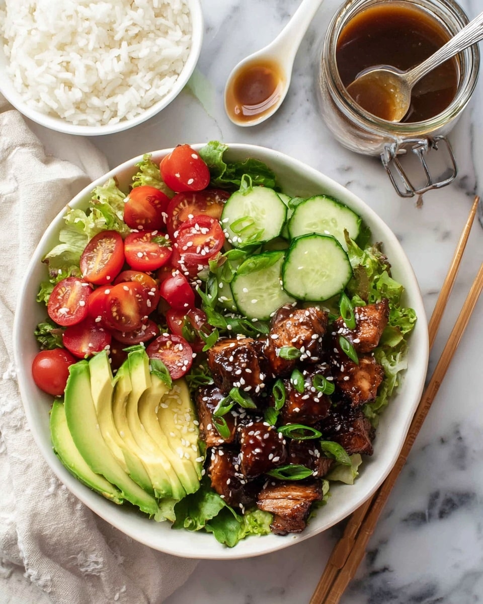 A white bowl contains a fresh salad with visible layers starting with green lettuce leaves at the base, topped with dark brown grilled chicken pieces glazed in sauce and sprinkled with white sesame seeds and chopped green onions. On one side, bright green sliced avocado is neatly arranged, followed by halved red cherry tomatoes and curly cucumber slices with sesame seeds on top. Wooden chopsticks rest across the bowl. Nearby, a white bowl filled with plain white rice is partly visible, along with a glass jar and a small white dish holding brown sauce and a spoon, all placed on a white marbled surface with a light-colored cloth underneath. Photo taken with an iphone --ar 4:5 --v 7