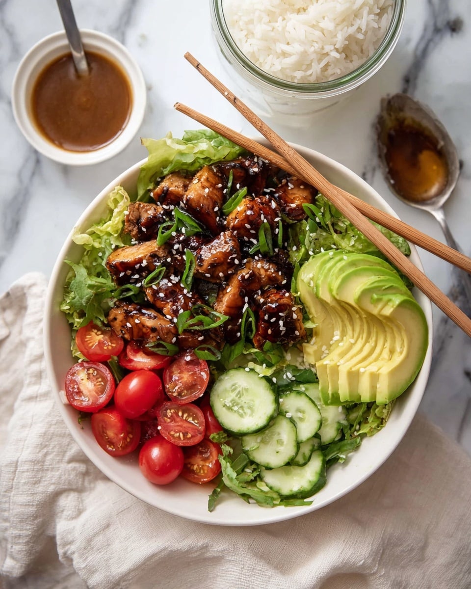 A white bowl filled with a colorful dish showing six distinct layers: at the base, there is fresh green leafy lettuce; near the bottom left, several slices of light green avocado are placed in a neat row; to the left, bright red cherry tomatoes, some cut in half, sit alongside light green cucumber slices curved with white seeds visible; on the top right, pieces of cooked light brown chicken with a slightly charred texture are arranged; next to the chicken in the center are darker brown, glazed chunks of meat or tofu sprinkled with white sesame seeds and chopped green onion; wooden chopsticks rest on the bowl's edge, laying diagonally. The bowl is on a white marbled surface, with a white bowl of white rice above it and a glass jar of brown sauce with a spoon on a small white dish beside it. photo taken with an iphone --ar 4:5 --v 7