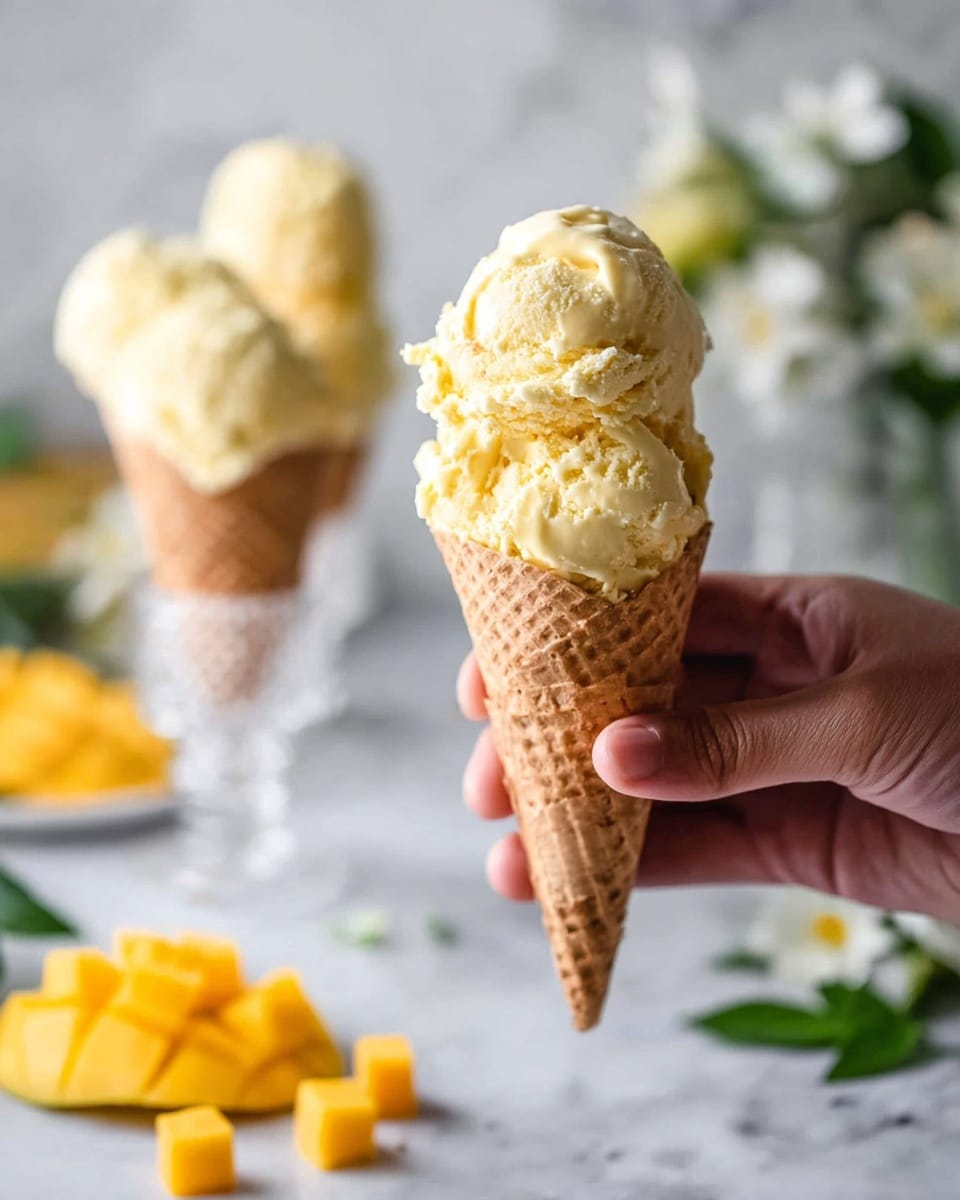 A close-up of a woman's hand holding a single waffle cone filled with two scoops of creamy pale yellow ice cream, with a rough and slightly textured surface. In the blurry background, two more waffle cones with similar yellow ice cream scoops are placed upright in white glass holders on a white marbled surface. There are small cubes of fresh, bright yellow mango in the foreground and background, adding a hint of vibrant color, with some green leaves and white flowers slightly out of focus on the right side. The overall scene has soft natural lighting and a fresh, clean look. photo taken with an iphone --ar 4:5 --v 7