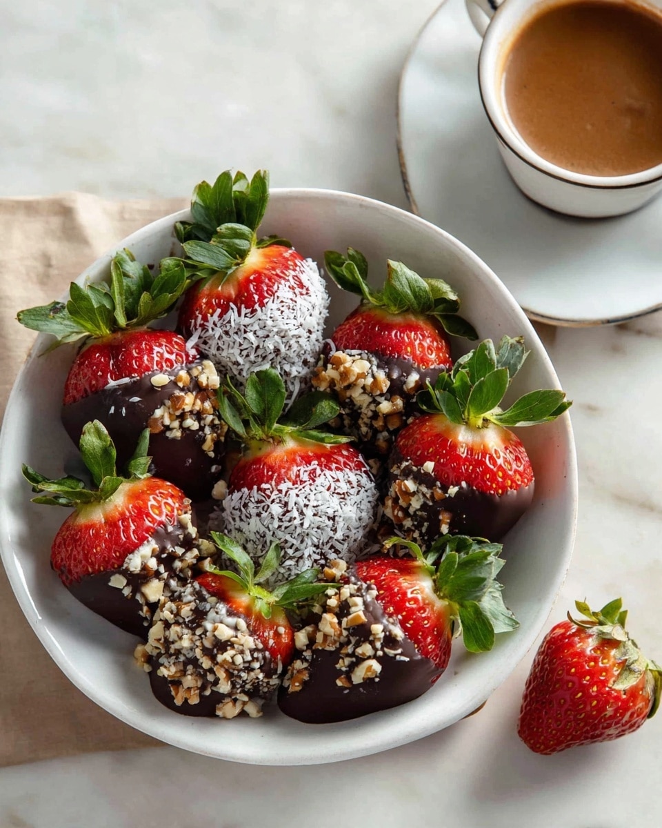A white bowl filled with fresh red strawberries, most dipped halfway in smooth dark chocolate. Some strawberries are coated with white shredded coconut, adding a rough texture, while a few others are dipped in chopped nuts, creating a crunchy layer. The strawberries have bright green leaves on top, contrasting with the dark chocolate and toppings. The bowl sits on a white marbled surface, with a single strawberry off to the side. A small cup of brown coffee in a white cup with a matching saucer is partially visible in the upper right corner. photo taken with an iphone --ar 4:5 --v 7