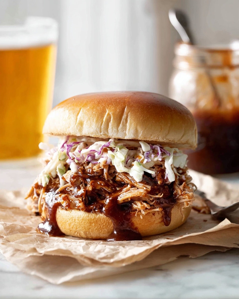 A sandwich sits on crumpled light brown paper on a white marbled surface, made with a soft, shiny golden-brown bun on top and bottom. Inside, there are layers of shredded pulled pork coated in dark, glossy barbecue sauce, with a creamy coleslaw mix of white and purple cabbage on top. Behind the sandwich, there is a clear glass filled with light amber beer and a jar of dark barbecue sauce, slightly out of focus. A spoon with sauce rests in front on the right side. Photo taken with an iphone --ar 4:5 --v 7