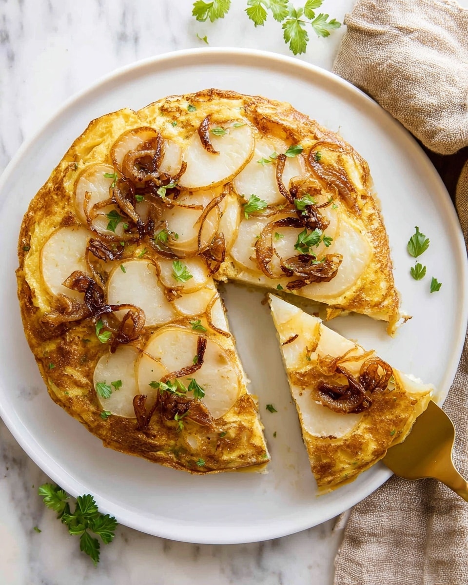 A white plate holds a golden brown Spanish omelette with visible caramelized onions and thin slices of potato layered inside and on top, giving a mix of soft yellow and light brown colors with slightly crispy edges. The omelette is cut into three triangular pieces with one piece slightly lifted on a golden spatula showing the thick, fluffy texture. Small green parsley leaves are scattered on top and around the omelette, placed on a white marbled surface with a beige cloth in the background. Photo taken with an iphone --ar 4:5 --v 7
