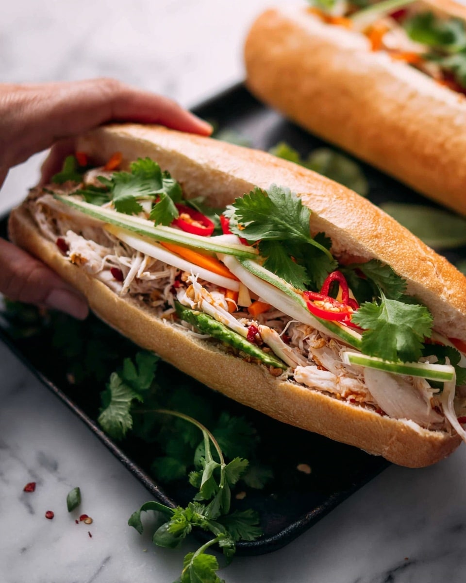 A close-up of a sandwich held by a woman's hand shows a long sandwich bun split open, light golden brown and slightly crusty. Inside, the first layer is shredded white chicken meat with a moist texture, topped with thin orange carrot sticks and white pickled radish sticks arranged in the middle. Bright green cilantro leaves and long green scallions rest on top, along with small slices of red chili for a pop of color. The sandwich is placed on a dark rectangular plate with extra cilantro leaves scattered around, all set on a white marbled surface. Photo taken with an iphone --ar 4:5 --v 7