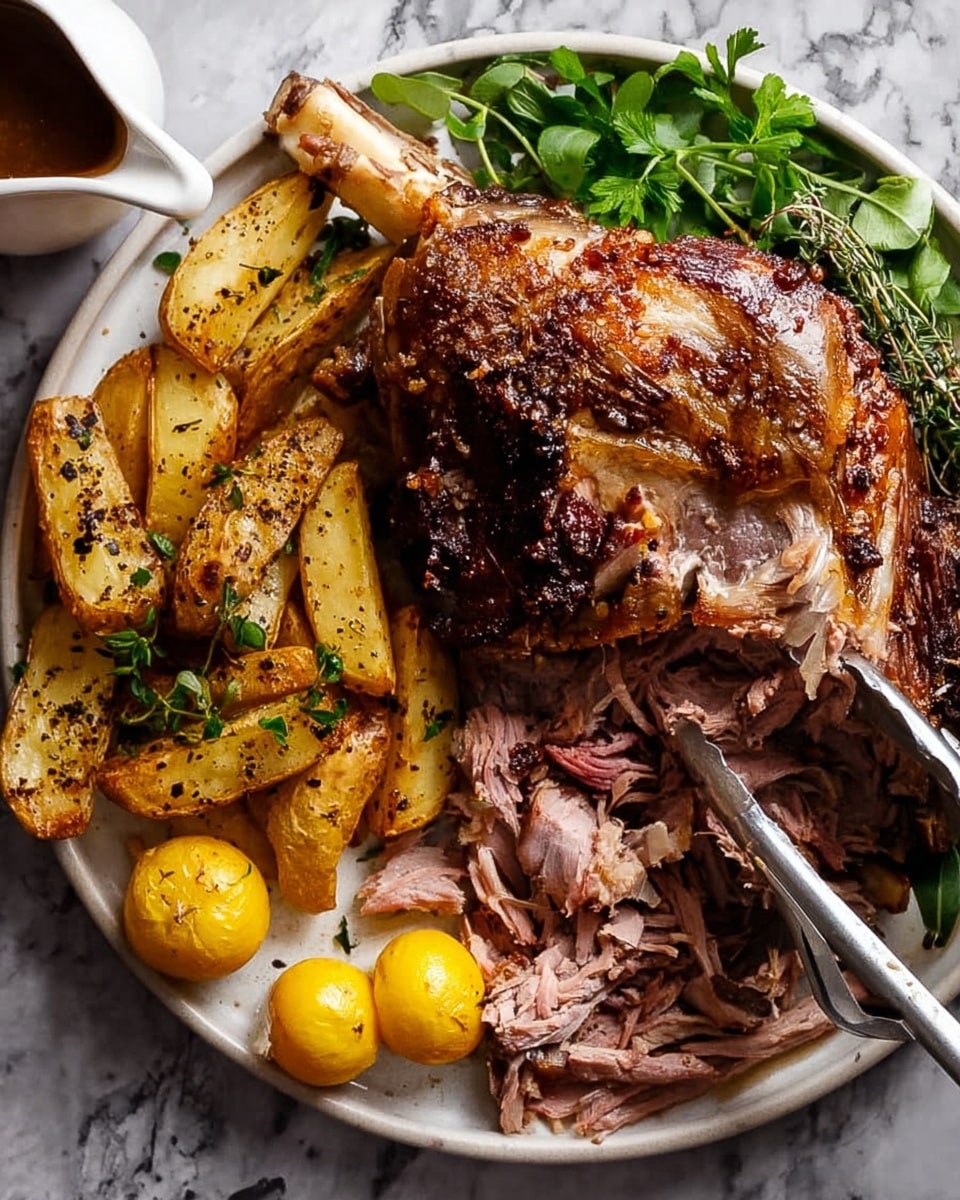 A white plate sits on a white marbled surface, holding a large piece of roasted meat with a dark browned crust and juicy, shredded pink interior on the right side. A fork tongs the shredded meat, showing tender fibers. On the left side of the plate, thick golden potato wedges are stacked next to a bunch of fresh green herbs. Two yellow roasted lemons sit near the top of the plate. A white gravy jug with dark sauce is placed near the top left, partially visible. photo taken with an iphone --ar 4:5 --v 7