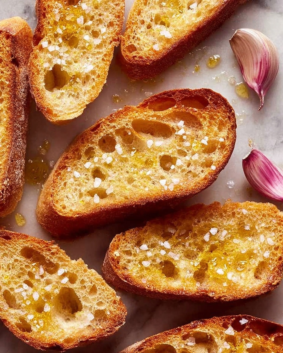 Five triangular slices of toasted bread are arranged closely on a white marbled surface, showing a rich golden-brown color with crisp edges and a porous texture full of small holes. Two small pieces of garlic with purple and white skin rest near the bread, surrounded by scattered coarse salt crystals and a light drizzle of olive oil on the surface, giving a slight shine. Photo taken with an iphone --ar 4:5 --v 7