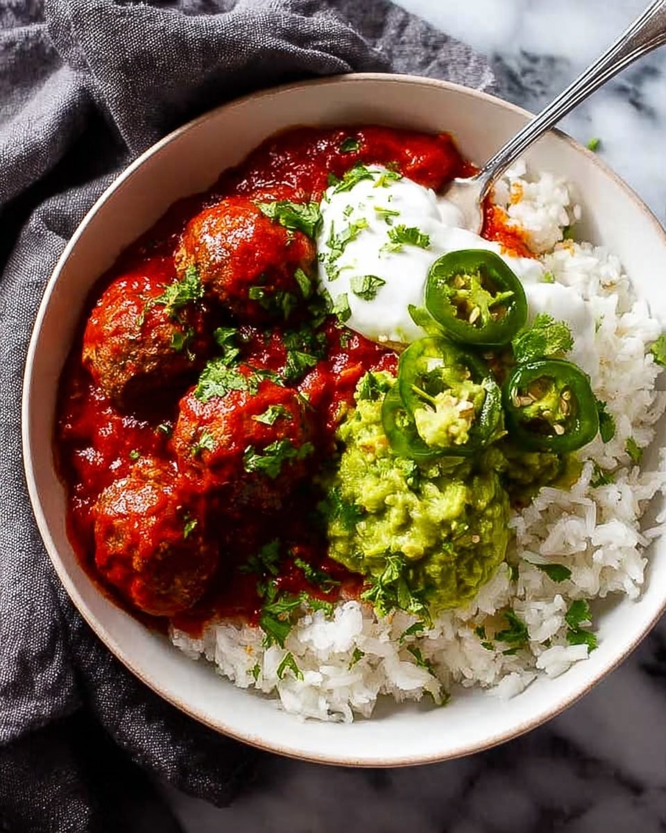 A white bowl filled with a base layer of white rice, topped with several round, brown meatballs covered in bright red tomato sauce, which has a thick and slightly chunky texture. On one side of the meatballs, there is a smooth, light green dollop of guacamole, followed by a creamy white layer of sour cream. Three thin, dark green slices of jalapeño peppers rest on the sour cream, with small green cilantro leaves scattered on top of the entire dish. The bowl sits on a white marbled surface, and a vintage-style fork rests in the bowl. Photo taken with an iphone --ar 4:5 --v 7