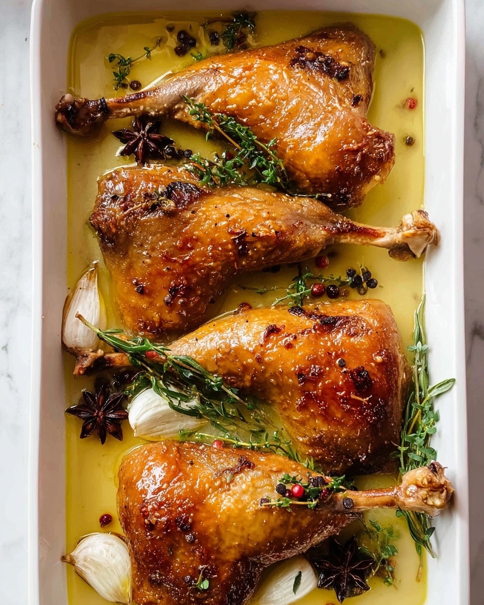The image shows four golden brown roasted duck legs arranged in a white rectangular dish, each with a crispy, shiny skin and a well-cooked texture. They rest in a light yellowish broth that fills the bottom of the dish. Around the duck legs, there are whole garlic cloves with soft pinkish hues, dark black peppercorns, and sprigs of fresh green herbs like rosemary and thyme, adding contrast and freshness. The background features a clean white marbled texture. Photo taken with an iphone --ar 4:5 --v 7