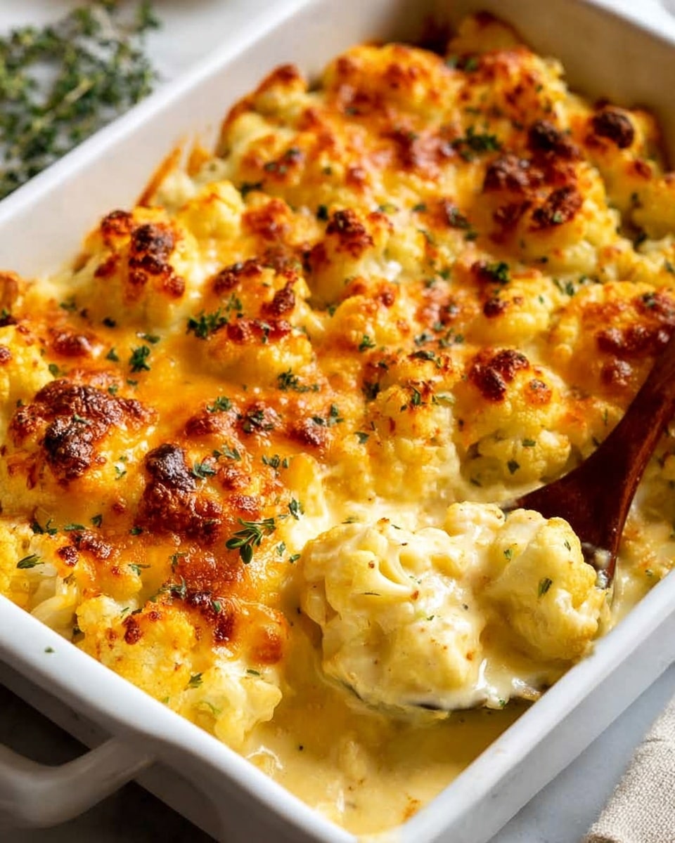 A white rectangular baking dish filled with a rich, cheesy cauliflower casserole. The top layer is golden brown with bubbly, melted cheese that is slightly crispy in some places. Underneath, you can see a creamy, smooth cheese sauce with tender cauliflower florets coated in it. A vintage spoon with a wooden handle is scooping some cauliflower and sauce from the dish, showing the soft and creamy texture inside. The casserole is sprinkled with small bits of green herbs for a touch of color. The dish rests on a white marbled surface. Photo taken with an iphone --ar 4:5 --v 7