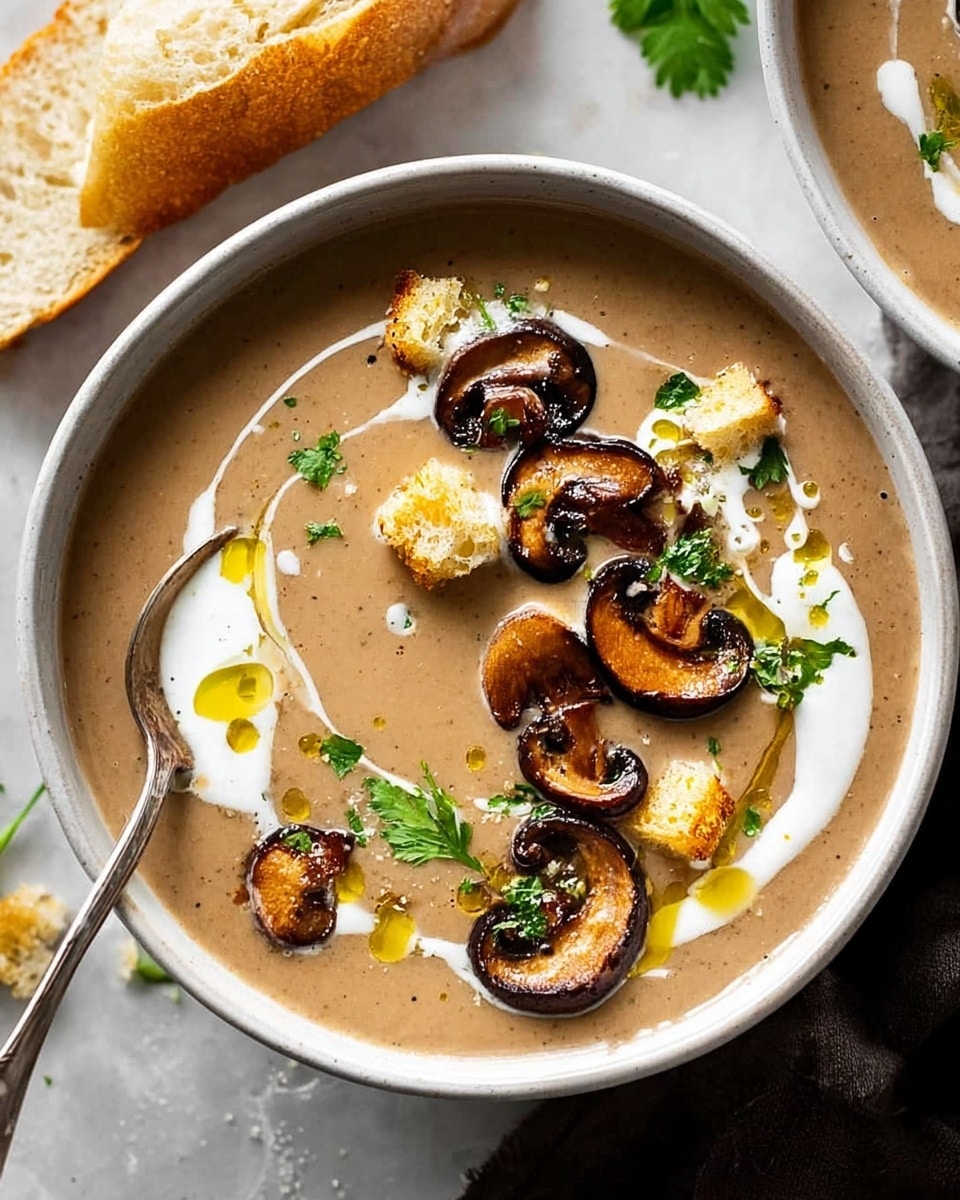 A bowl of creamy light brown mushroom soup fills the frame, topped with several golden-brown sautéed mushroom slices scattered across the surface. Small golden croutons and bright green parsley leaves add texture and color contrast. A thin swirl of white cream is gently drizzled over the soup, along with a small drizzle of golden olive oil. The soup is served in a white bowl placed on a white marbled surface, with a silver spoon resting inside. In the corner, a piece of crusty buttered bread is partially visible. Photo taken with an iphone --ar 4:5 --v 7