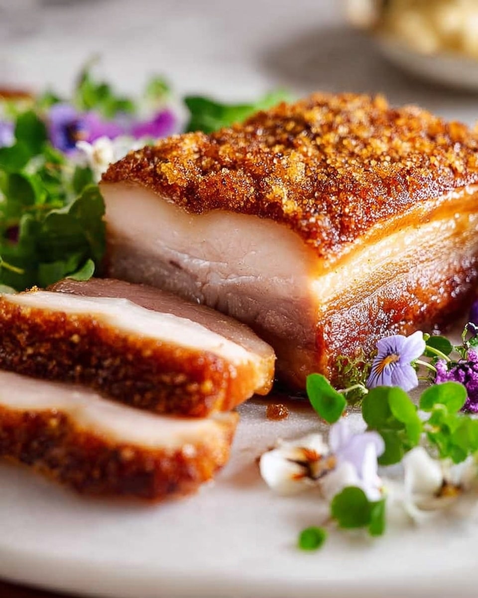 A close-up of a thick slice of crispy pork belly showing three main layers: a golden brown, crunchy skin on top with a rough texture, a middle layer of soft, creamy white fat, and a bottom layer of tender, light pink cooked meat. The pork belly rests on a white plate with small green herb leaves and tiny white and purple flowers scattered around, set against a white marbled surface. Two blurred slices of pork belly lie in the foreground. photo taken with an iphone --ar 4:5 --v 7