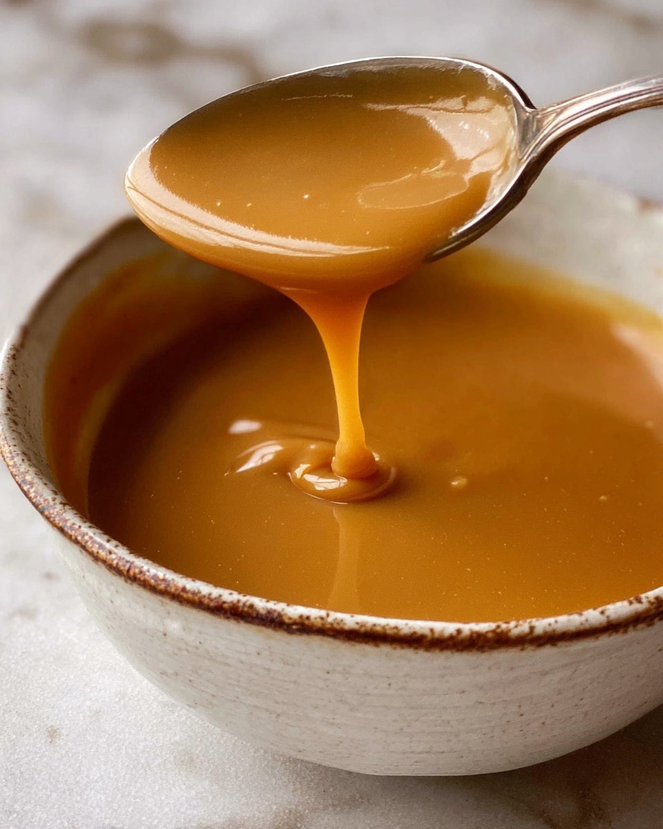 A close-up view of a smooth, thick sauce with a rich golden-brown color, dripping slowly from a silver spoon into a rustic white bowl with a slightly rough texture and brown speckled edges, sitting on a white marbled texture surface. The sauce looks creamy and velvety, with a shiny surface that reflects light softly. photo taken with an iphone --ar 4:5 --v 7