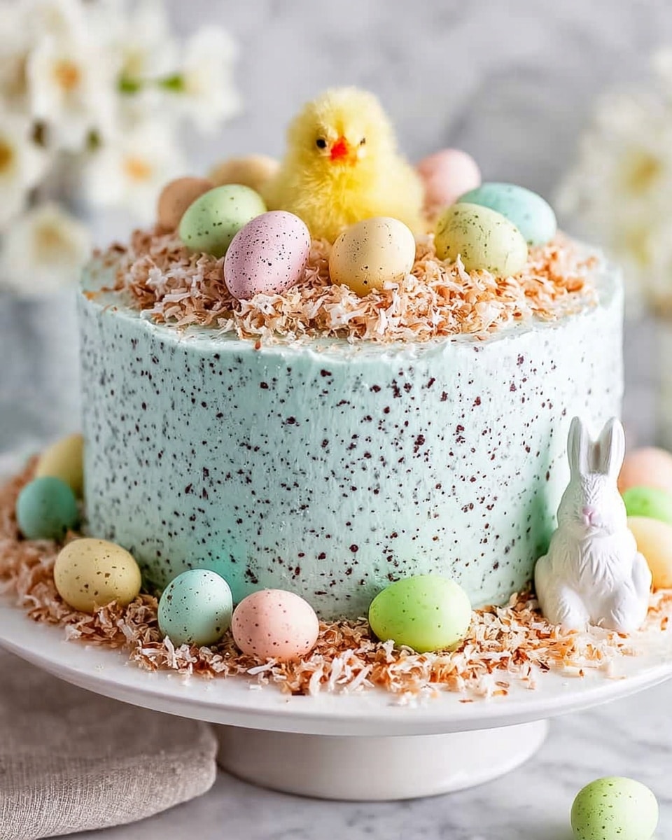 This is a single-layer round cake covered in speckled pale blue frosting that has a smooth texture with small dark brown flecks. The top center of the cake holds a small pile of pastel-colored speckled candy eggs, mostly pink, green, yellow, and blue, sitting on a bed of toasted shredded coconut which looks golden and crispy. Around the base of the cake is a ring of the same toasted coconut mixed with more pastel eggs. A small white bunny-shaped candy or decoration sits near the front edge of the cake stand. The cake is set on a white cake stand with a delicate dotted edge, and the background shows white flowers and a white marbled texture. photo taken with an iphone --ar 4:5 --v 7