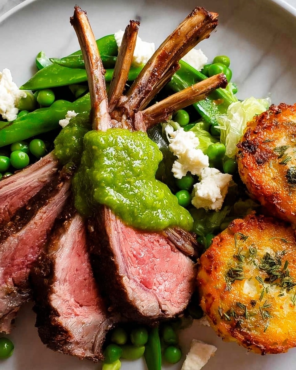 A white plate holds a visually rich dish with three main parts: on the right, there are four slices of medium-rare lamb racks, each slice showing a pink center and brown edges, topped with bright green herb sauce drizzled unevenly; on the lower right, two crispy golden-brown rounds with a slightly shiny, oily surface and sprinkled with herbs sit side by side; and on the left, a fresh green vegetable mix of snap peas, light green celery slices, and white crumbled cheese scattered on top, all resting on a white marbled surface. photo taken with an iphone --ar 4:5 --v 7