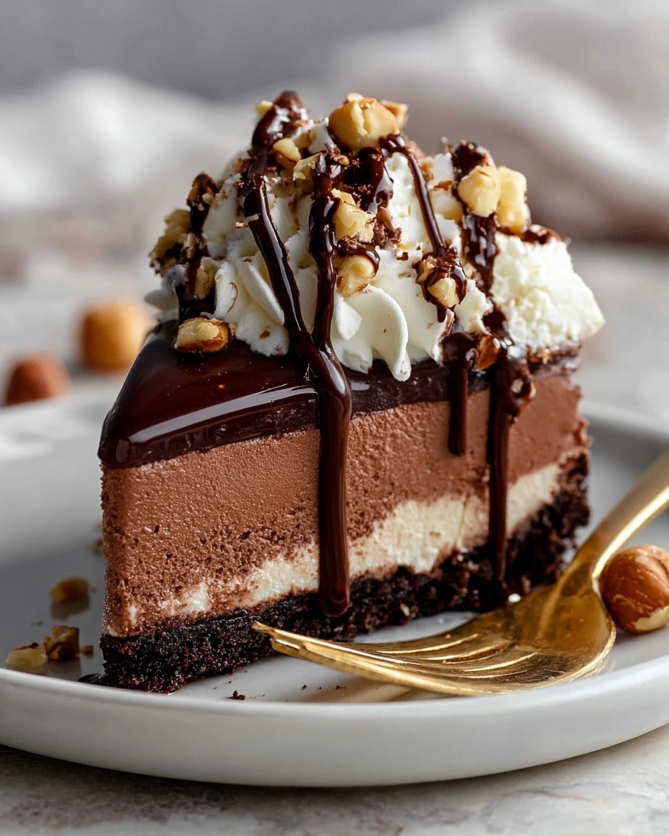 A slice of chocolate mousse cake with three layers is placed on a white plate on a white marbled surface. The bottom layer is a dark, crumbly chocolate crust, the middle layer is thick and creamy milk chocolate mousse, and the top layer is covered with glossy dark chocolate ganache. On top of the slice is a swirl of white whipped cream, drizzled with thick chocolate sauce and sprinkled chopped nuts. A gold fork lies next to the cake with some nuts and chocolate crumbs. photo taken with an iphone --ar 4:5 --v 7