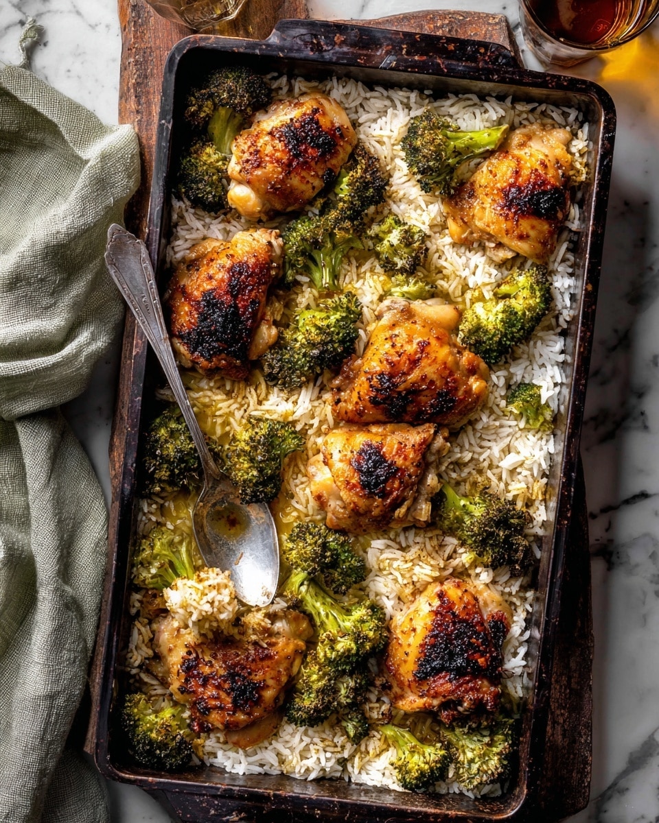 A black baking tray filled with a base layer of white fluffy rice that has some crispy brown edges, scattered roasted broccoli florets with green and slightly charred textures, and on top five pieces of grilled chicken thighs with a golden brown, slightly charred crust showing spicy seasoning. One woman's hand is holding a silver serving spoon digging into the rice near the bottom left. The tray is placed on a white marbled surface with a dark green cloth and a glass of liquid nearby. Photo taken with an iphone --ar 4:5 --v 7