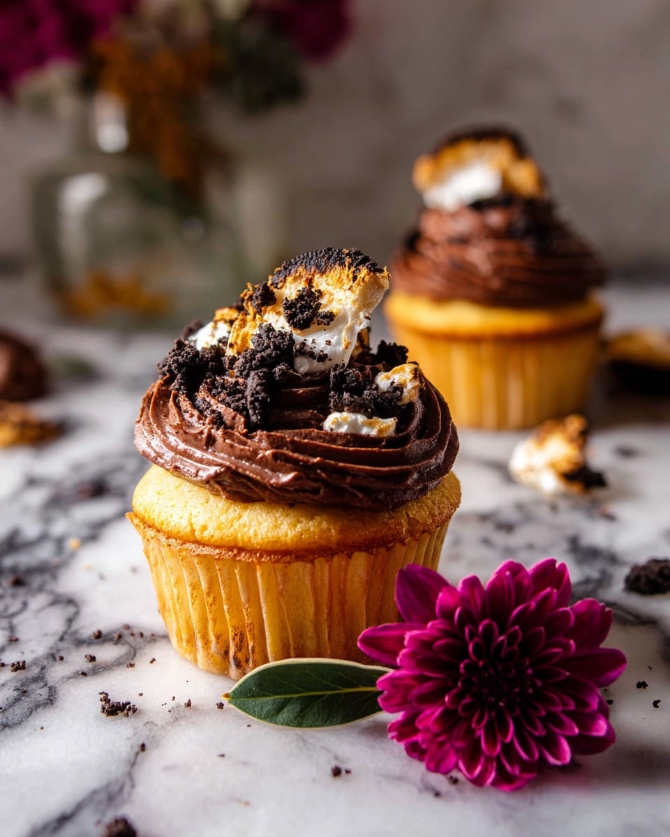 Two cupcakes sit on a white marbled surface, each with a light golden yellow base wrapped in light brown paper liners. On top of each cupcake is a thick swirl of dark chocolate frosting with a smooth, glossy texture. One cupcake is in clear focus in the front center, topped with a piece of toasted marshmallow with dark burnt edges and black crumbs scattered on the frosting. In the background, the second cupcake is slightly blurred, with similar chocolate frosting and toasted marshmallow pieces on top. A deep magenta flower with green leaves lies near the cupcakes on the surface. Photo taken with an iphone --ar 4:5 --v 7