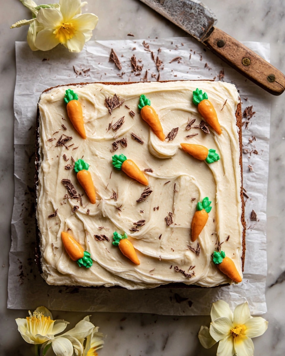 A square cake with one visible layer is covered in thick, creamy beige frosting smoothly spread with swirls on top; small orange carrot shapes made of icing with green tops are placed evenly across the surface, and some chocolate crumbs are sprinkled around the edges and over the carrots. The cake sits on white parchment paper over a white marbled surface. Around the cake, there are pale yellow flowers, and a knife with a wooden handle lies at the bottom with one flower resting on its blade. Photo taken with an iphone --ar 4:5 --v 7