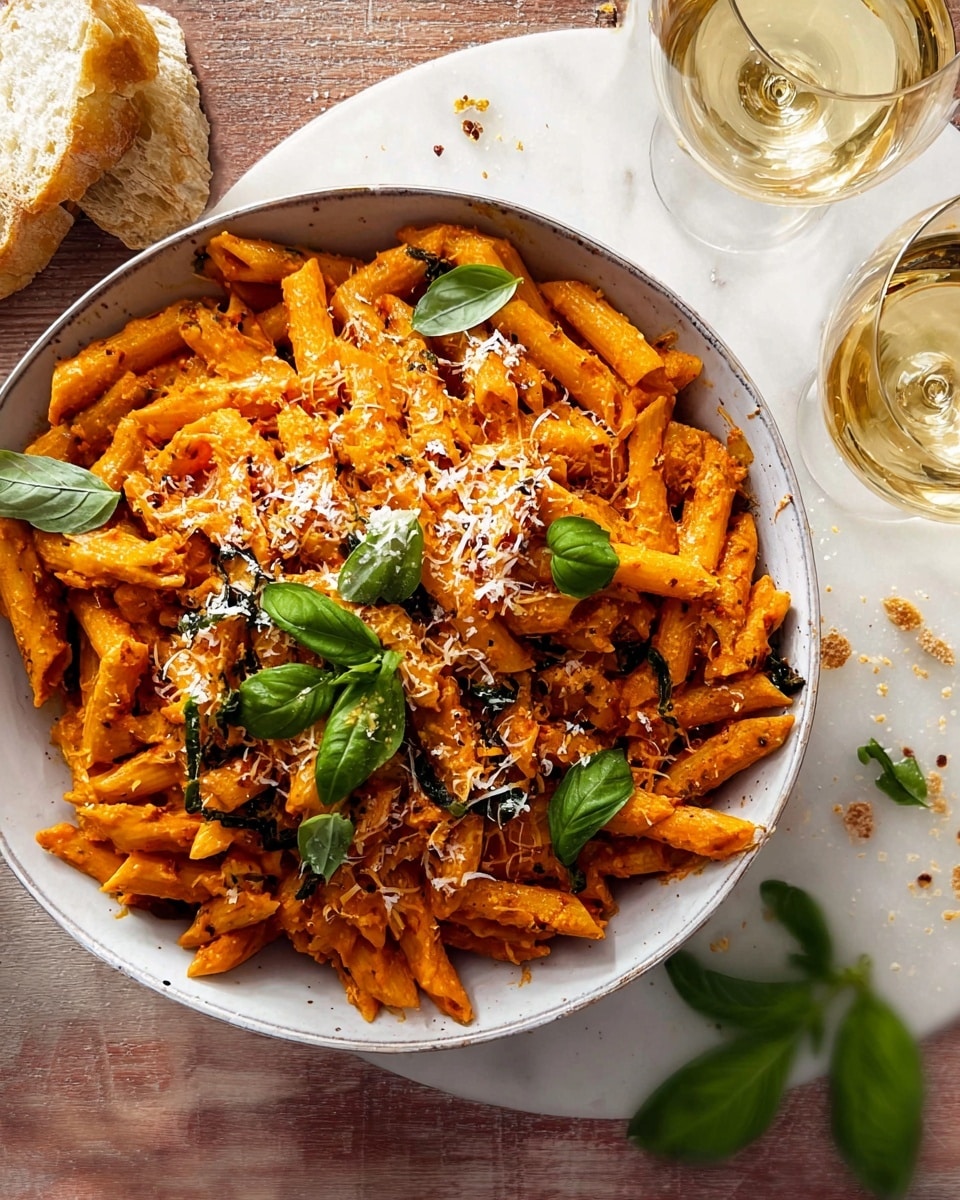 A white bowl full of penne pasta coated in a smooth orange-red sauce fills the frame, topped with bright green fresh basil leaves scattered across. The pasta is lightly sprinkled with white grated cheese and small black pepper specks, adding texture to the dish. Around the bowl, there are bits of grated cheese on the white marbled surface, alongside a piece of light beige bread and two glasses filled with a pale yellow liquid. The overall scene shows a rustic and fresh feel with natural lighting. photo taken with an iphone --ar 4:5 --v 7